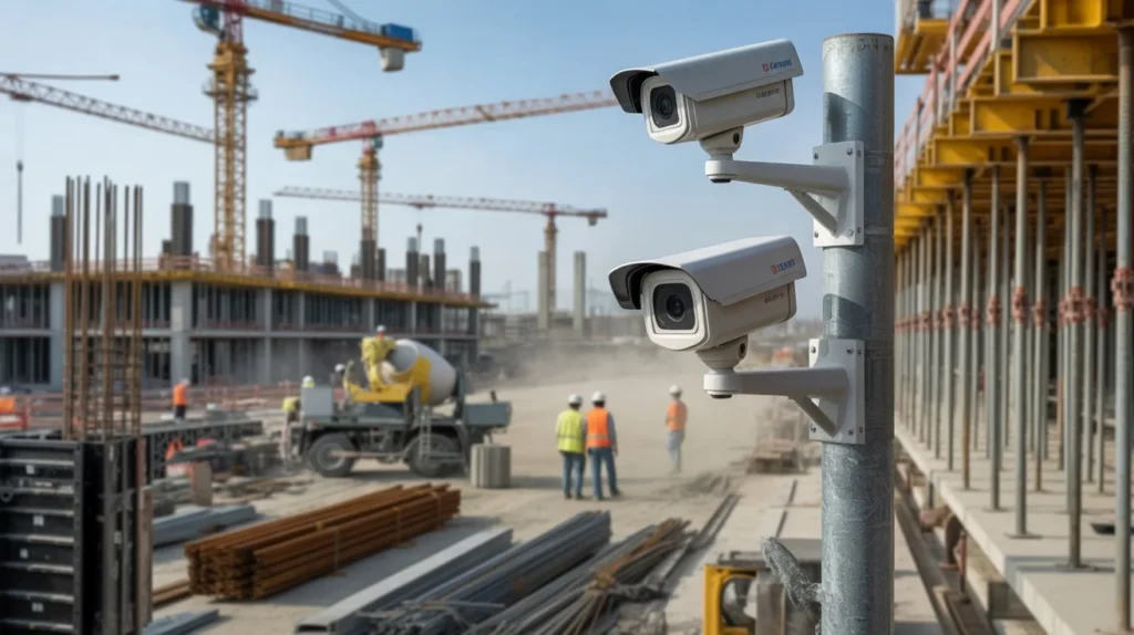 Construction Site Security Cameras monitoring equipment and workers on a large project