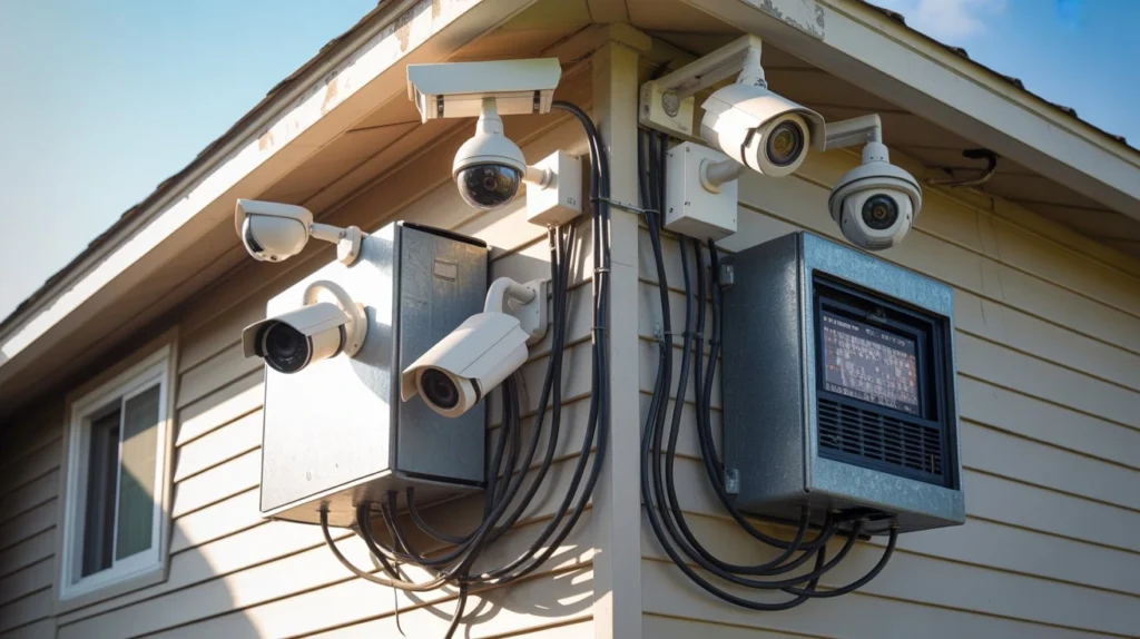 Wired Security Camera Security System installed on house exterior with multiple surveillance cameras and control box