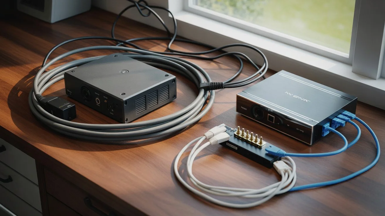 NVR vs DVR recording devices with connected cameras and network components on desk