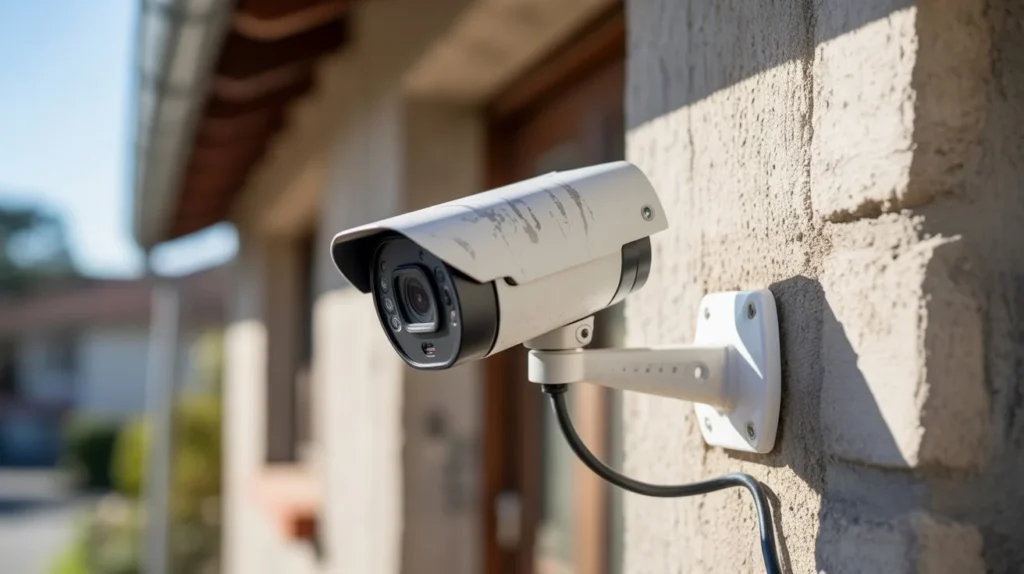 What is An IP Camera bullet outdoor security camera mounted on house wall
