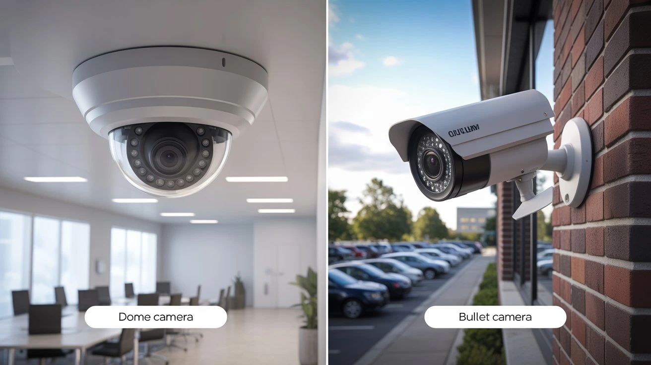Dome and Bullet Cameras comparison showing indoor dome camera and outdoor bullet camera