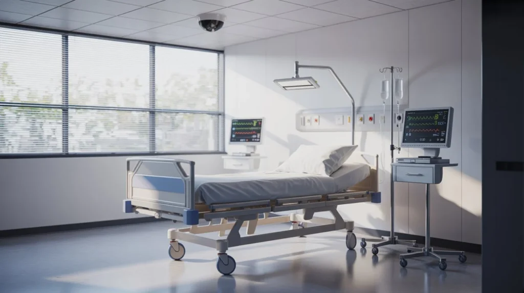 Do Hospital Rooms Have Cameras? hospital patient room with bed, vital signs monitors, IV stand, and ceiling camera