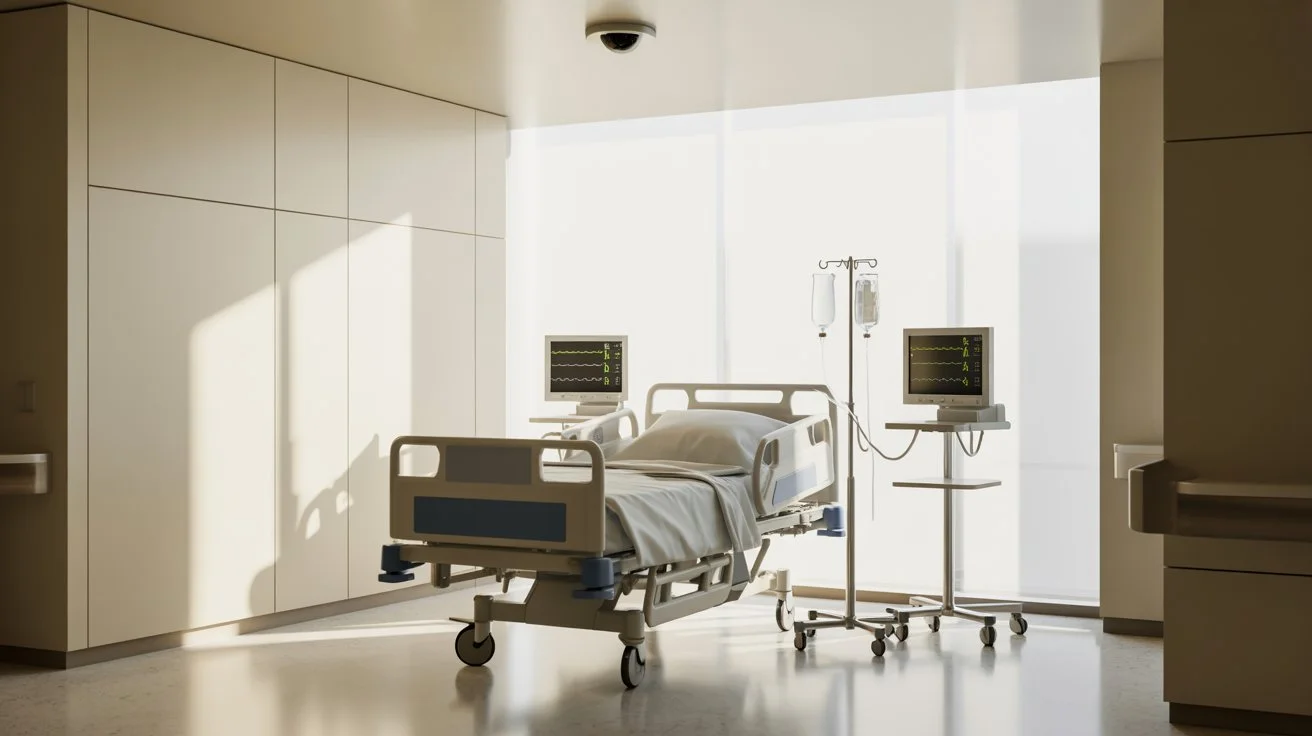 Do Hospital Rooms Have Cameras? private hospital room with patient bed, monitoring equipment, and ceiling camera