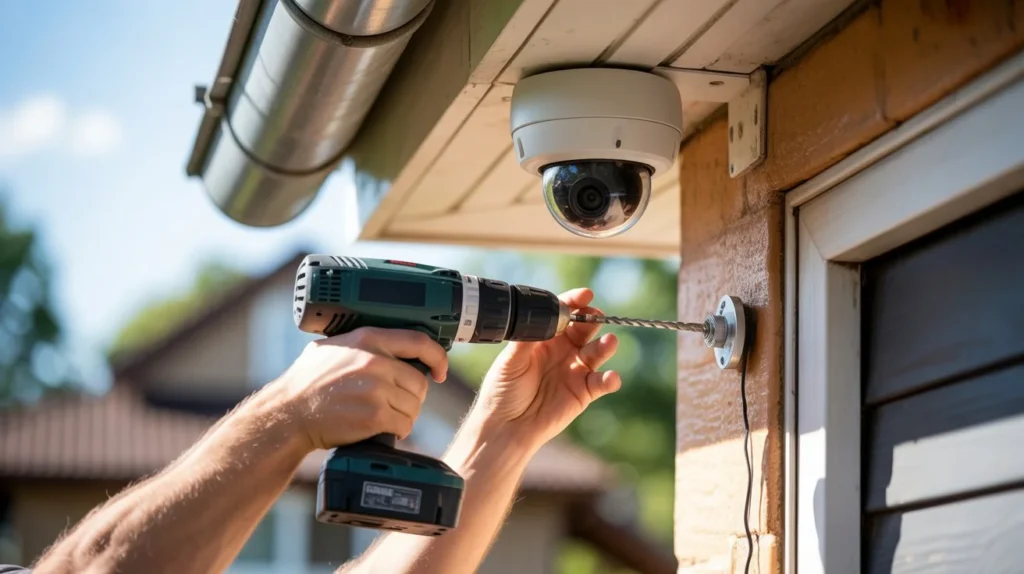 Affordable Security Camera Installation Cost – installing dome camera with drill on house exterior