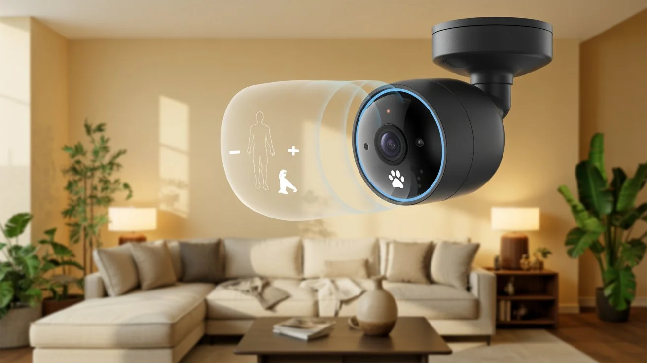 Best Indoor Cameras With Artificial Intelligence featuring AI human and pet detection in modern living room