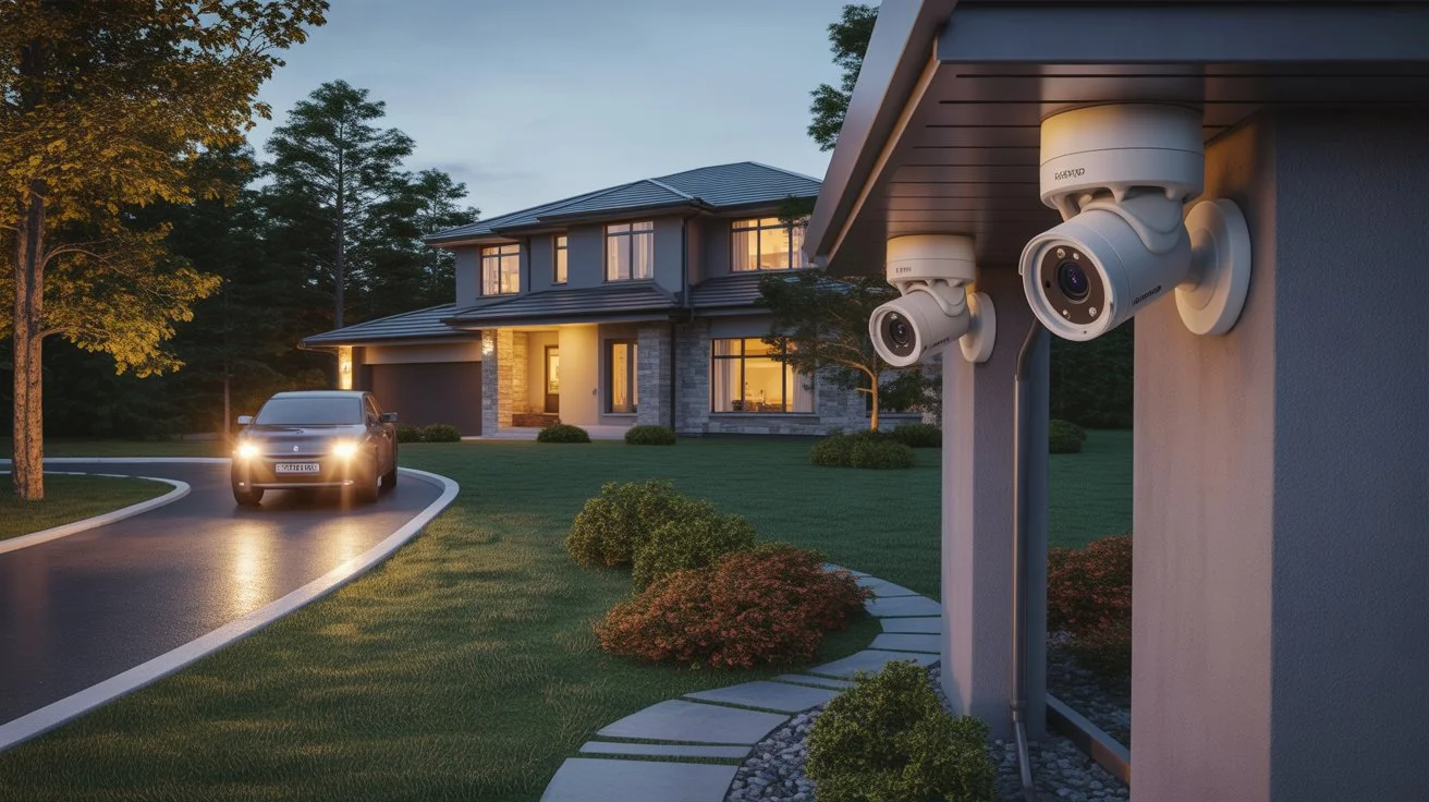 Outdoor Motion Sensor Cameras installed on a modern house monitoring the driveway and front yard at night for home security.
