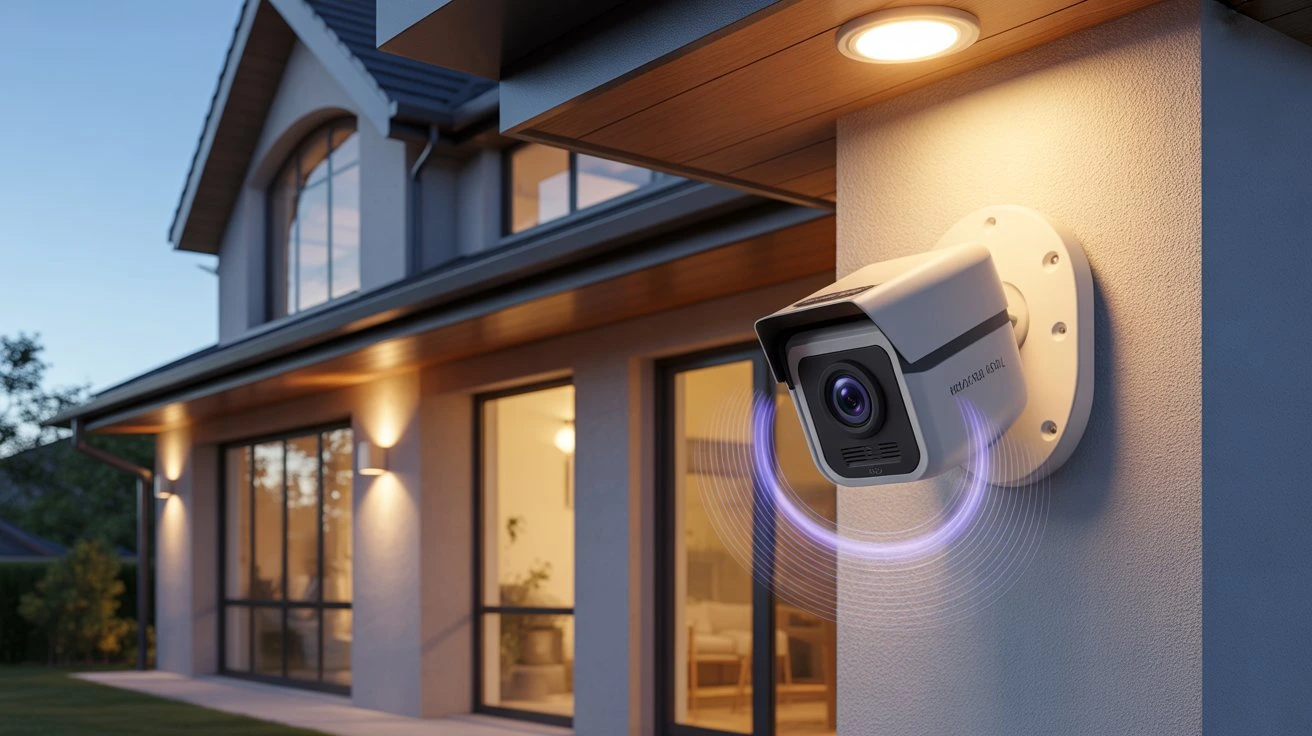 Outdoor Motion Sensor Cameras mounted on a house wall detecting movement near the backyard and exterior entrance.