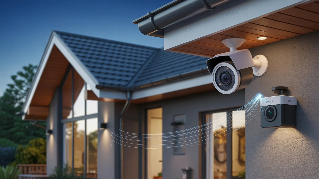 Outdoor Motion Sensor Cameras monitoring the exterior of a house and detecting movement near windows and outdoor spaces.