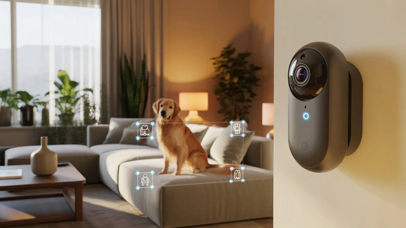 Best Indoor Cameras With Artificial Intelligence detecting pets on sofa with smart monitoring system