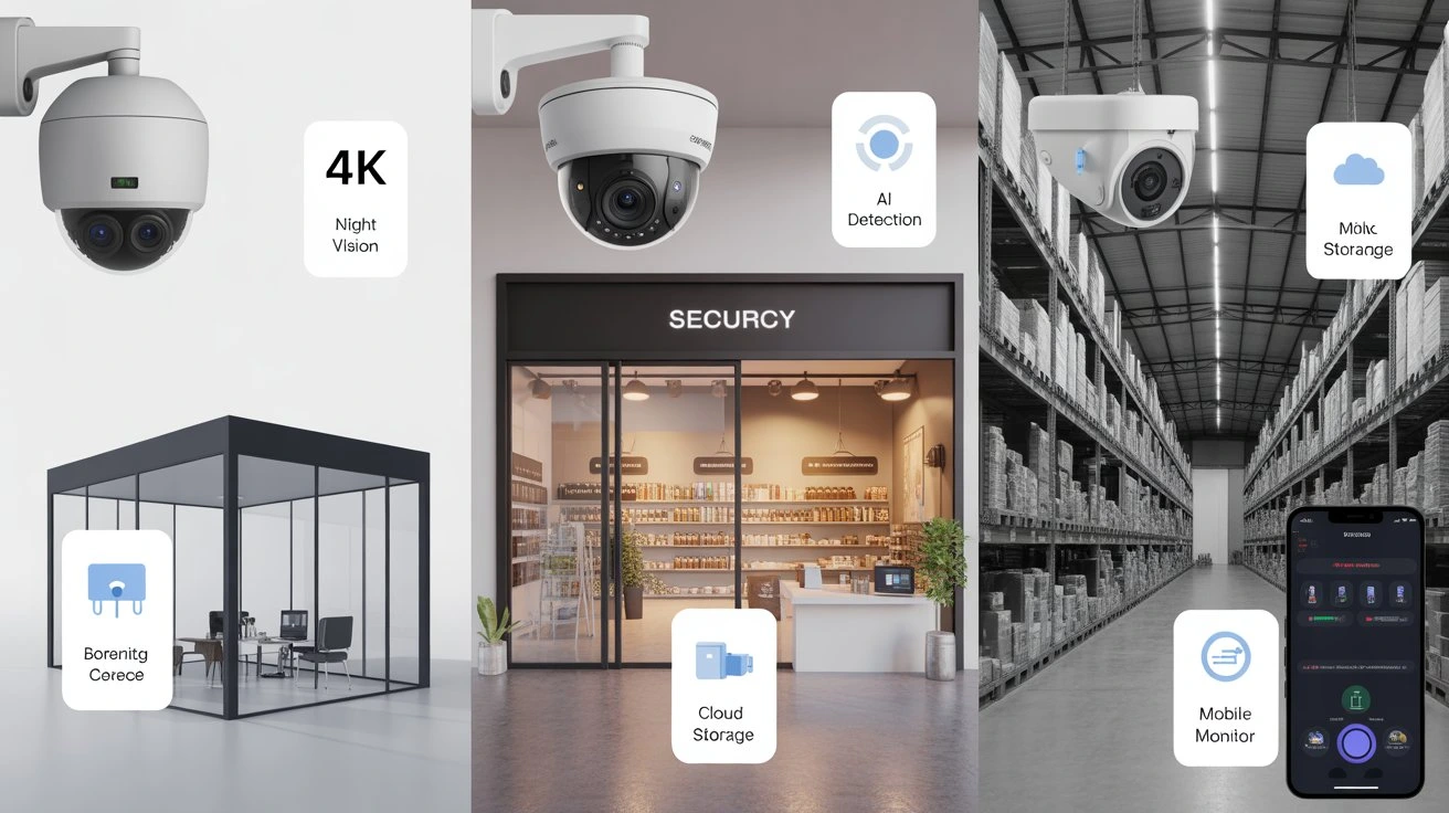 Best Security Camera Systems for Small Business showing 4K surveillance cameras with AI detection, cloud storage, and mobile monitoring for retail stores and warehouses.