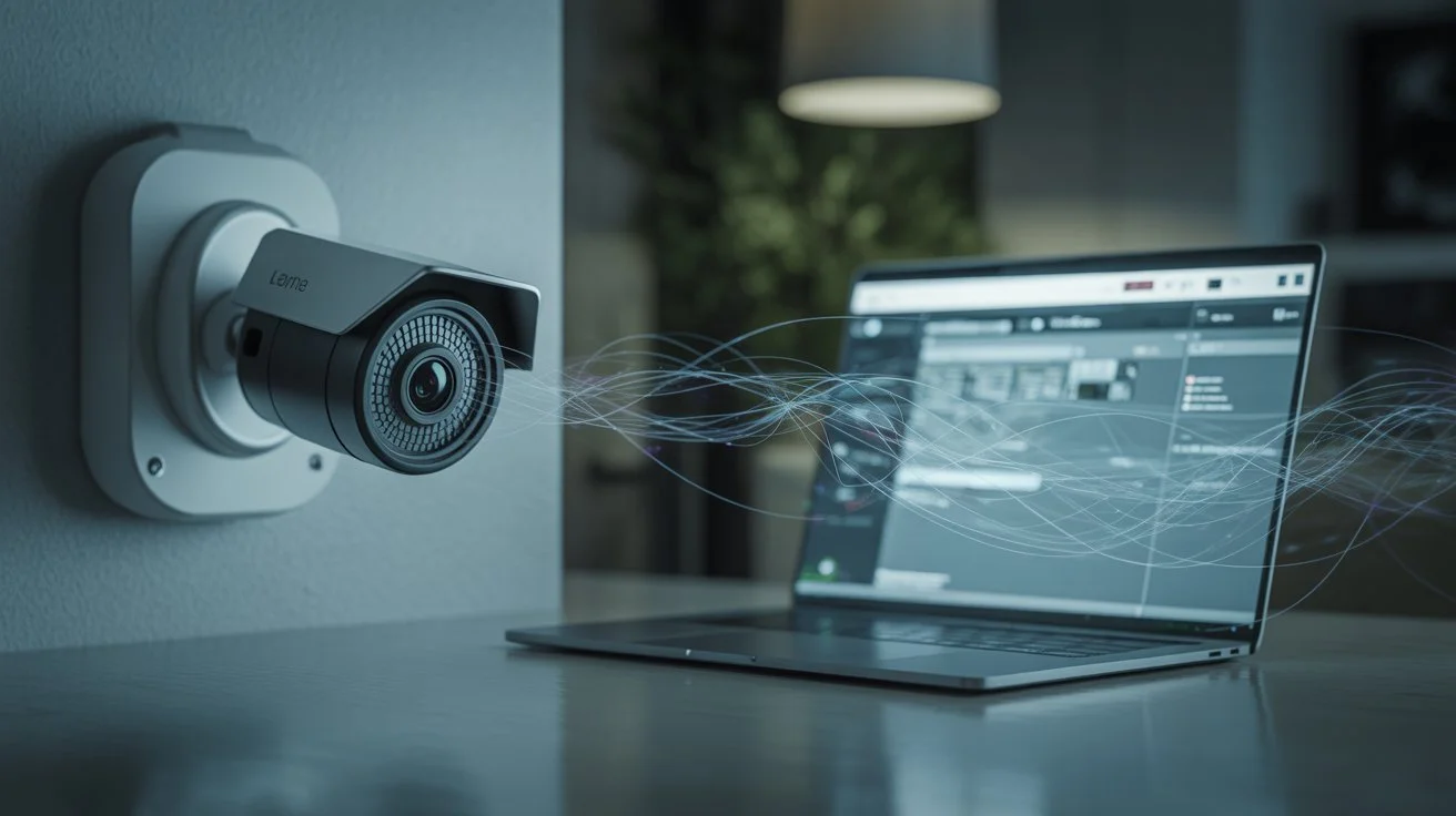 Can You Really Hack Into Home Security Cameras? security camera with data chart overlay showing potential cyber risk