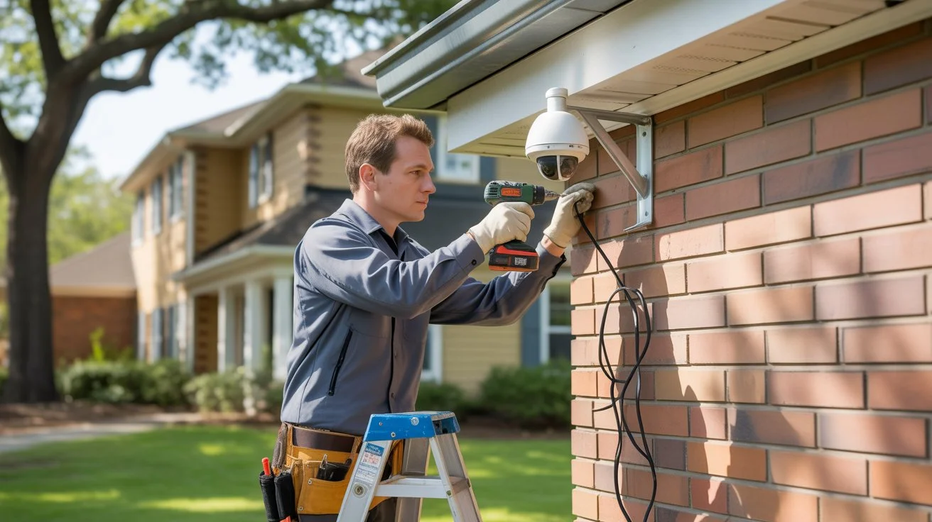 Technician on a ladder installing a dome security camera under a house roof using a power drill.