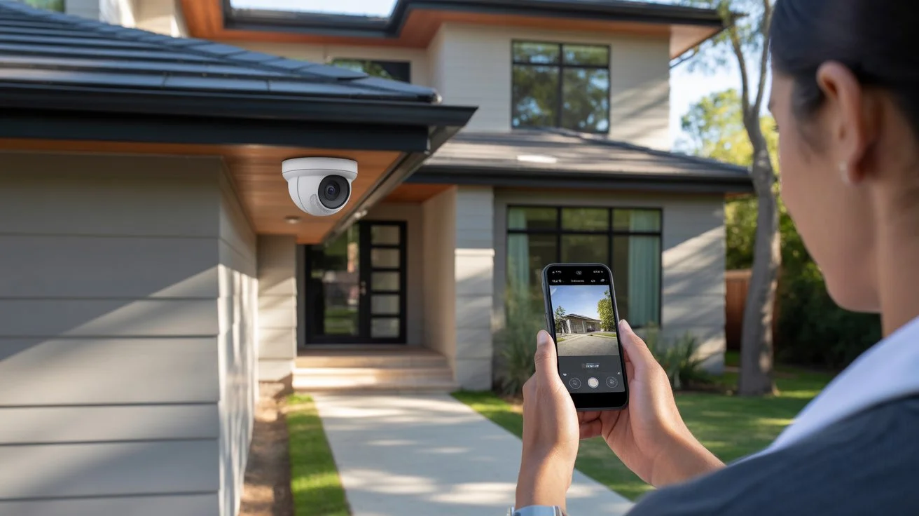How Do Security Cameras Work – homeowner monitoring live footage from a smart security camera using mobile app