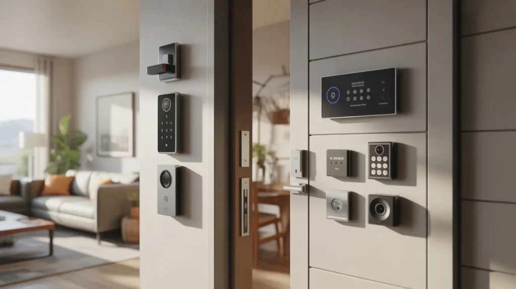 Vivint vs ADT smart home security system comparison showing doorbell cameras, smart locks, and home security control panel.