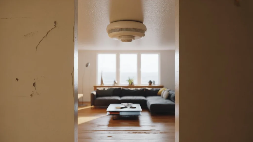 Turn Off Smoke Alarm Safely in a modern living room with ceiling-mounted smoke detector