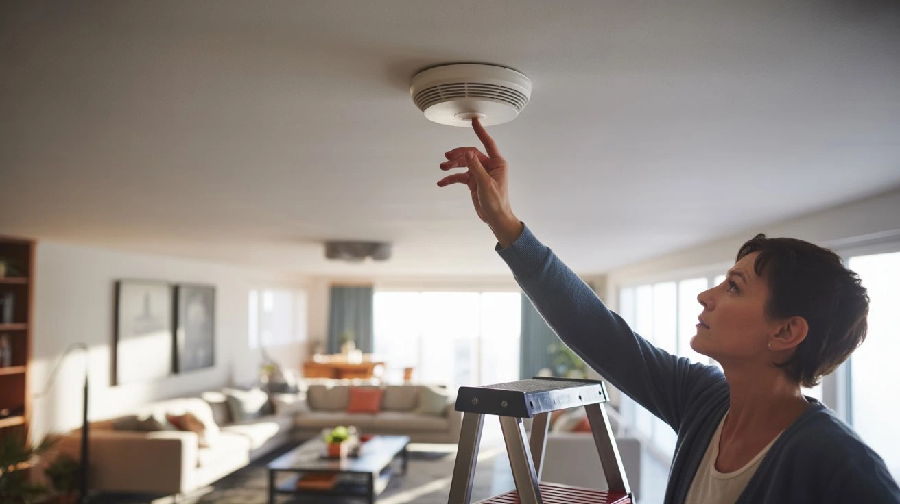 Turn Off Smoke Alarm Safely by pressing reset button on ceiling detector using a ladder
