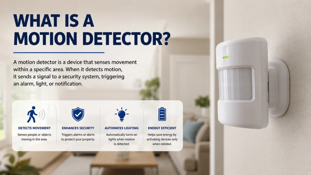 Wall-mounted motion detector sensing movement inside a modern home for residential security and automation.
