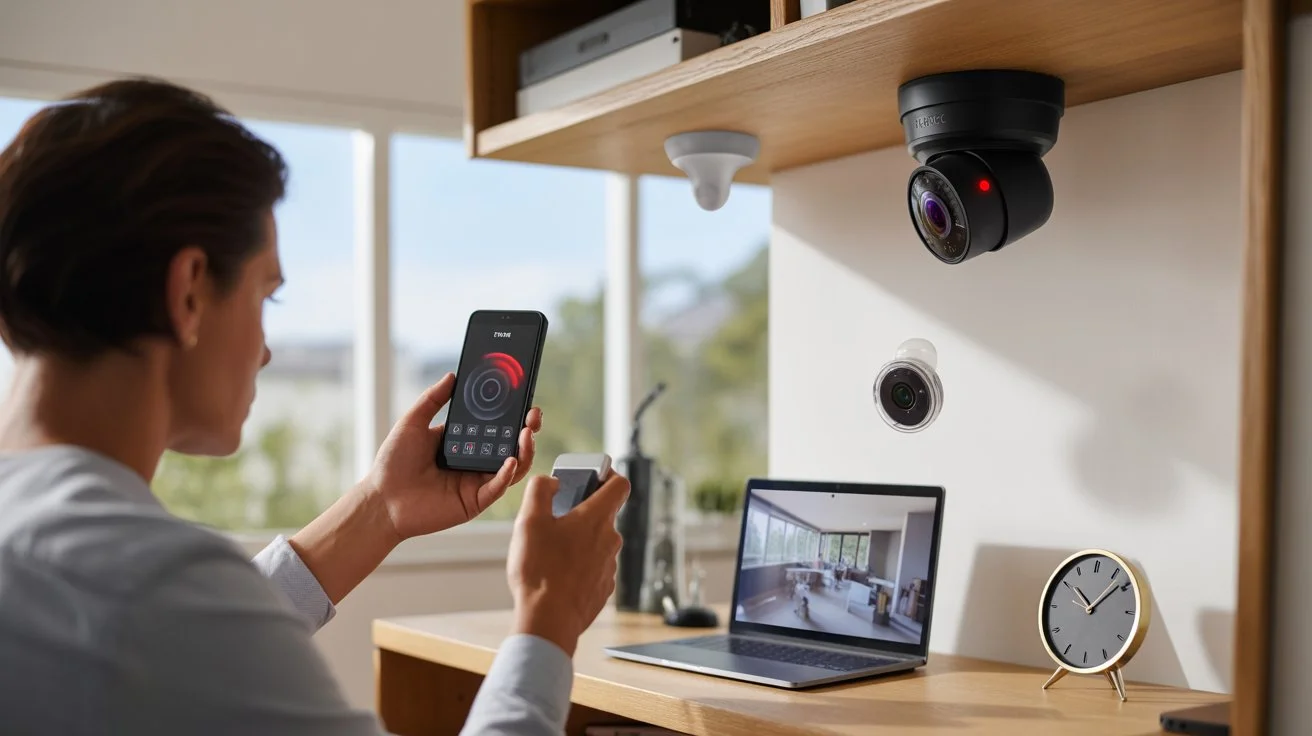 How to know if a security camera is on by checking LED light and live feed on phone in a home security camera installation
