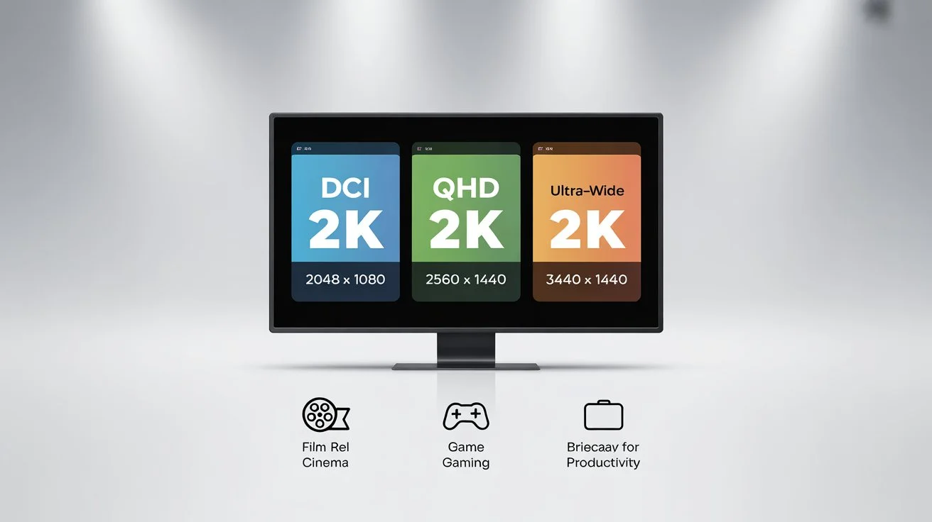 What Is 2K Resolution comparison chart showing DCI 2K (2048x1080), QHD 2K (2560x1440), and Ultra-Wide 2K (3440x1440) displayed on a monitor.