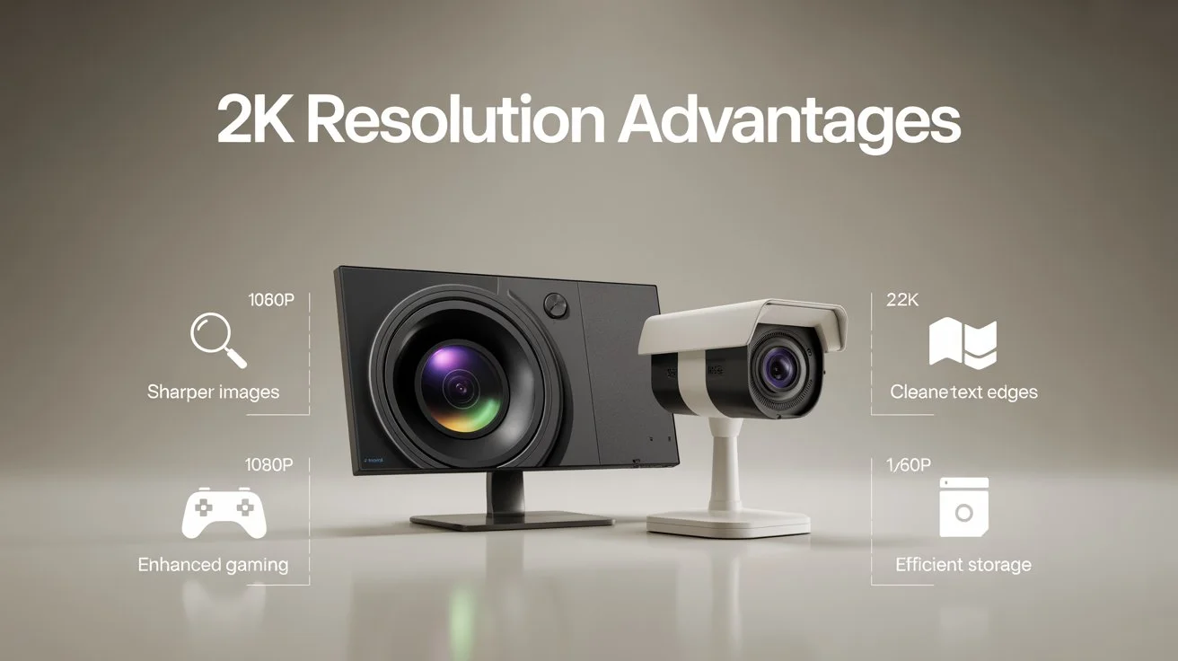 What Is 2K Resolution advantages illustrated with a monitor and security camera highlighting sharper images, clean text edges, and improved visual clarity.
