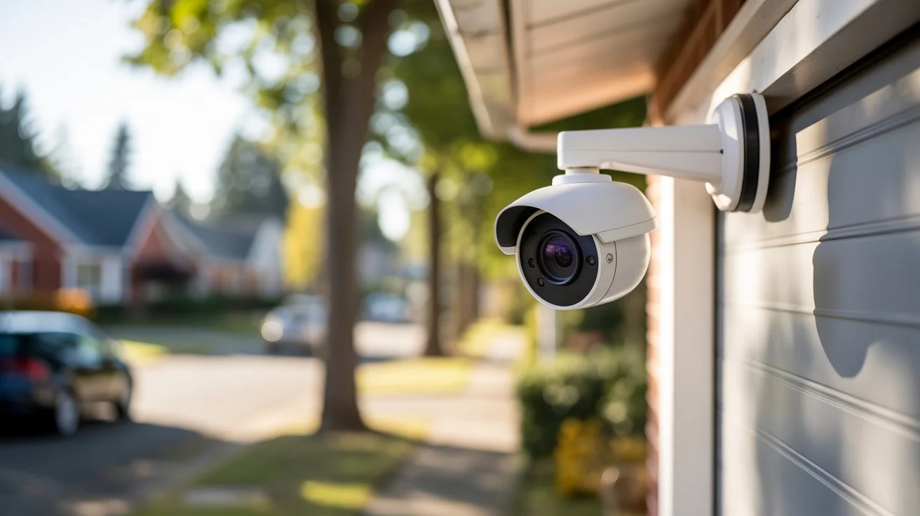 Security Cameras Law example with a dome security camera installed above a residential garage watching the driveway.