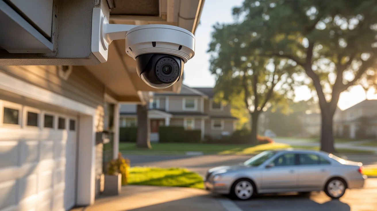 Security Cameras Law example showing an outdoor home security camera installed on a house wall monitoring a residential street.