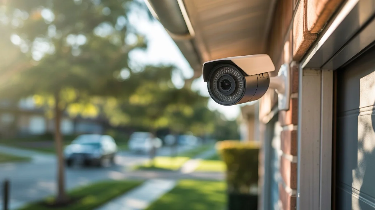 Security Cameras Law concept with a modern CCTV camera mounted outside a house monitoring the sidewalk and road.