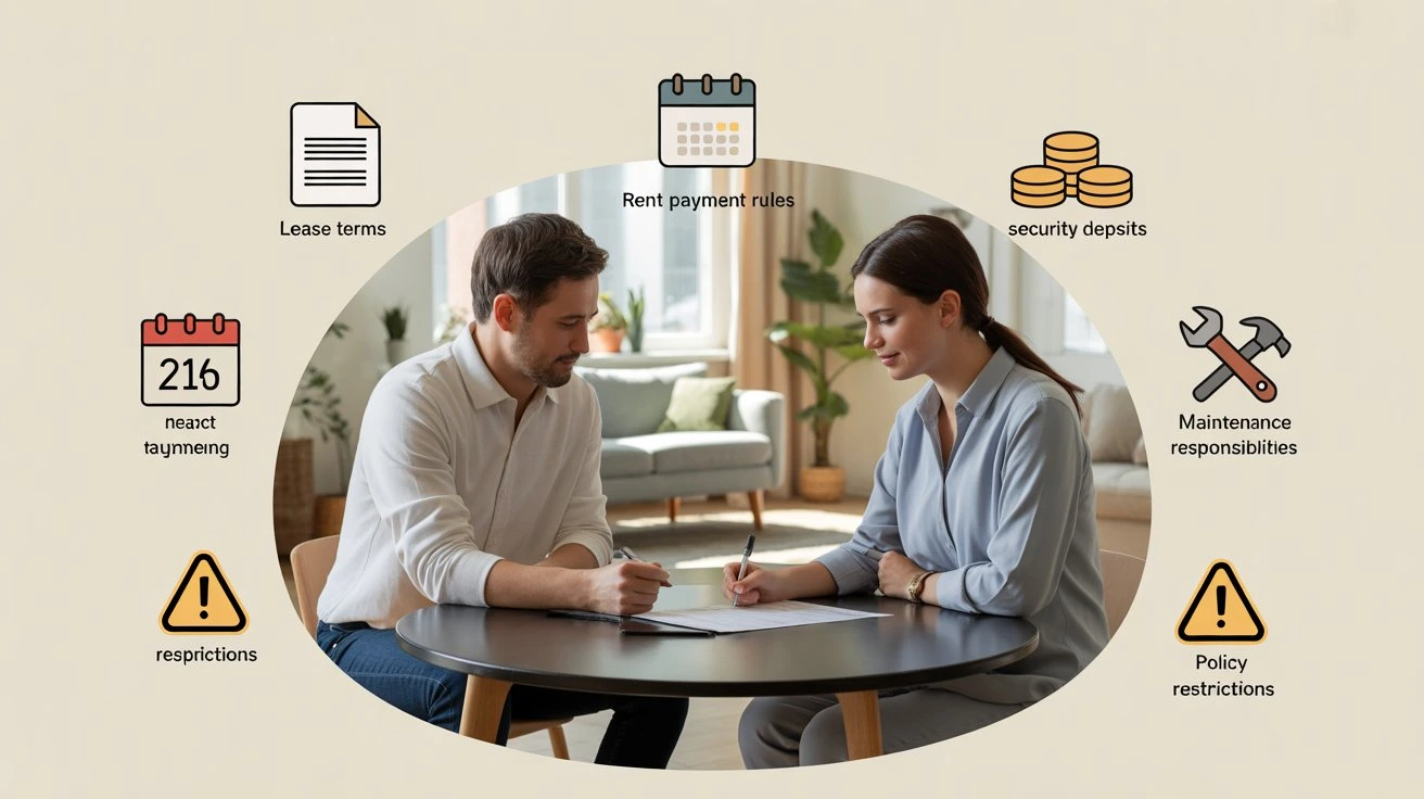 Infographic illustrating Apartment Security Camera Laws for Tenants showing a couple reviewing lease terms, rent payment rules, security deposits, maintenance responsibilities, and policy restrictions related to apartment security camera laws.