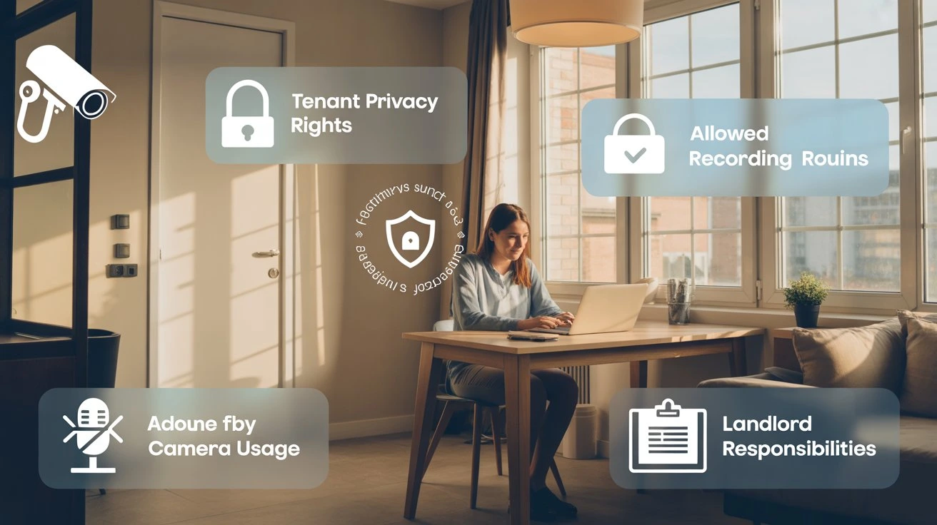 Modern apartment scene illustrating Apartment Security Camera Laws for Tenants, featuring a renter working on a laptop with icons highlighting tenant privacy rights, allowed recording areas, landlord responsibilities, and apartment security camera laws.