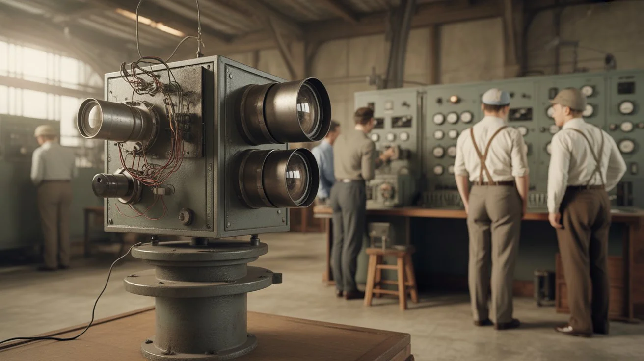 When CCTV Cameras Were Invented: early surveillance camera system with multiple lenses in a vintage control room