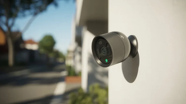What Does a Green Light on a Security Camera Mean? Close-up of a modern outdoor security camera with green LED light glowing on a white wall