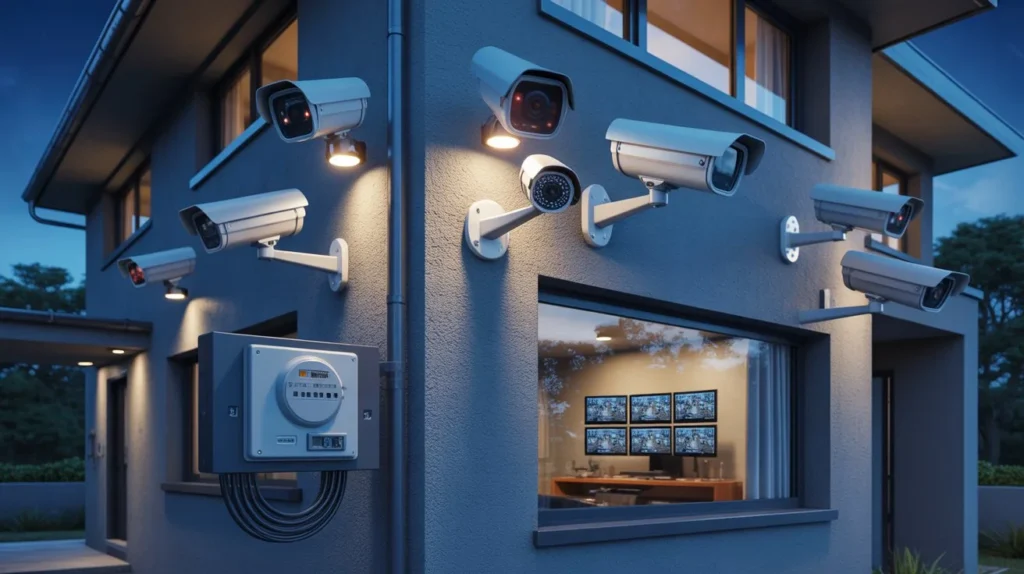 Large modern house with multiple mounted CCTV security cameras and an indoor monitoring station visible through the window at night.