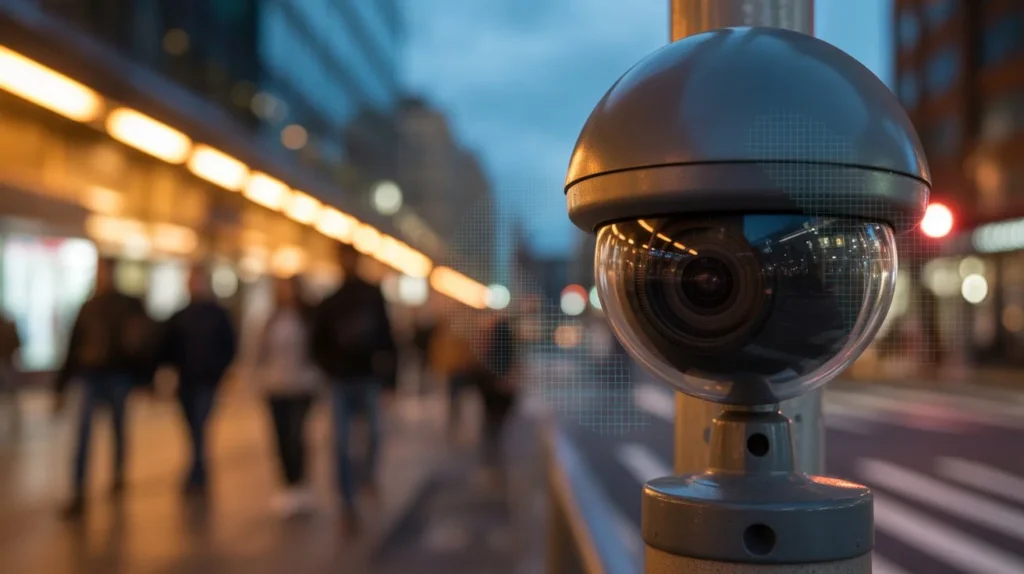 A round globe dome security camera mounted on a street pole at dusk, reflecting the city in its wide-angle lens with pedestrians blurred in the background