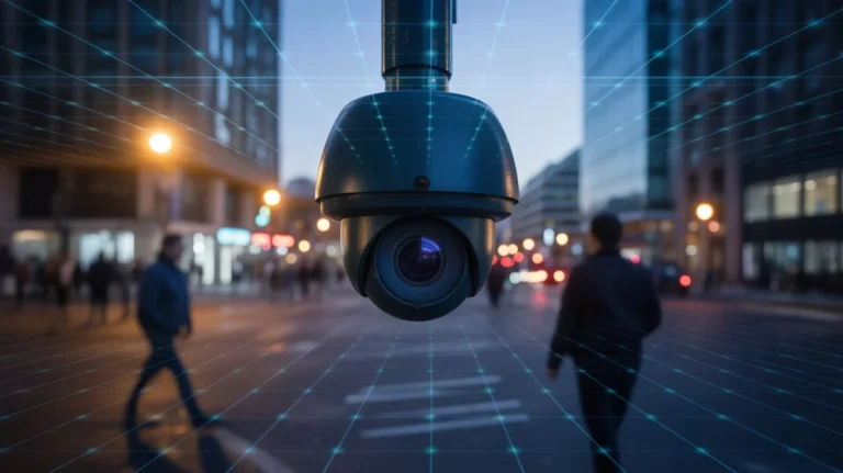 A PTZ security camera pointed directly at the viewer on a city street at dusk with a digital data grid overlay — illustrating are security cameras an invasion of privacy