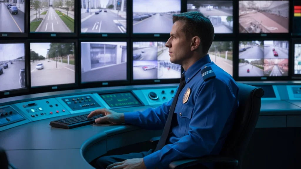 Are You Allowed to Watch Live CCTV? Uniformed security officer monitoring multiple live surveillance screens in a professional control room