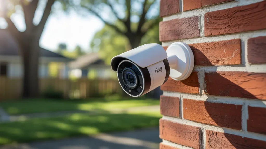 Can My Neighbor Record Me on My Property Ring camera attached to brick wall monitoring backyard area