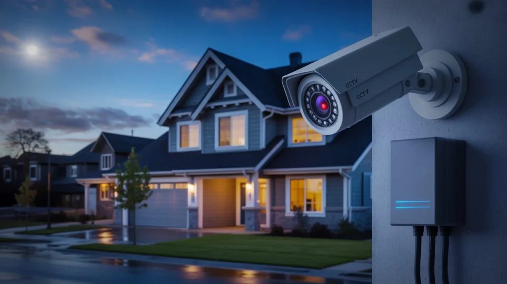 Does CCTV Work When There Is No Electricity – smart CCTV camera operating with backup battery power outside a residential property