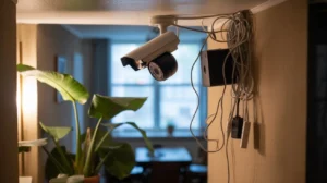 What are common camera installation mistakes shown with exposed messy wiring and poorly mounted indoor security camera setup