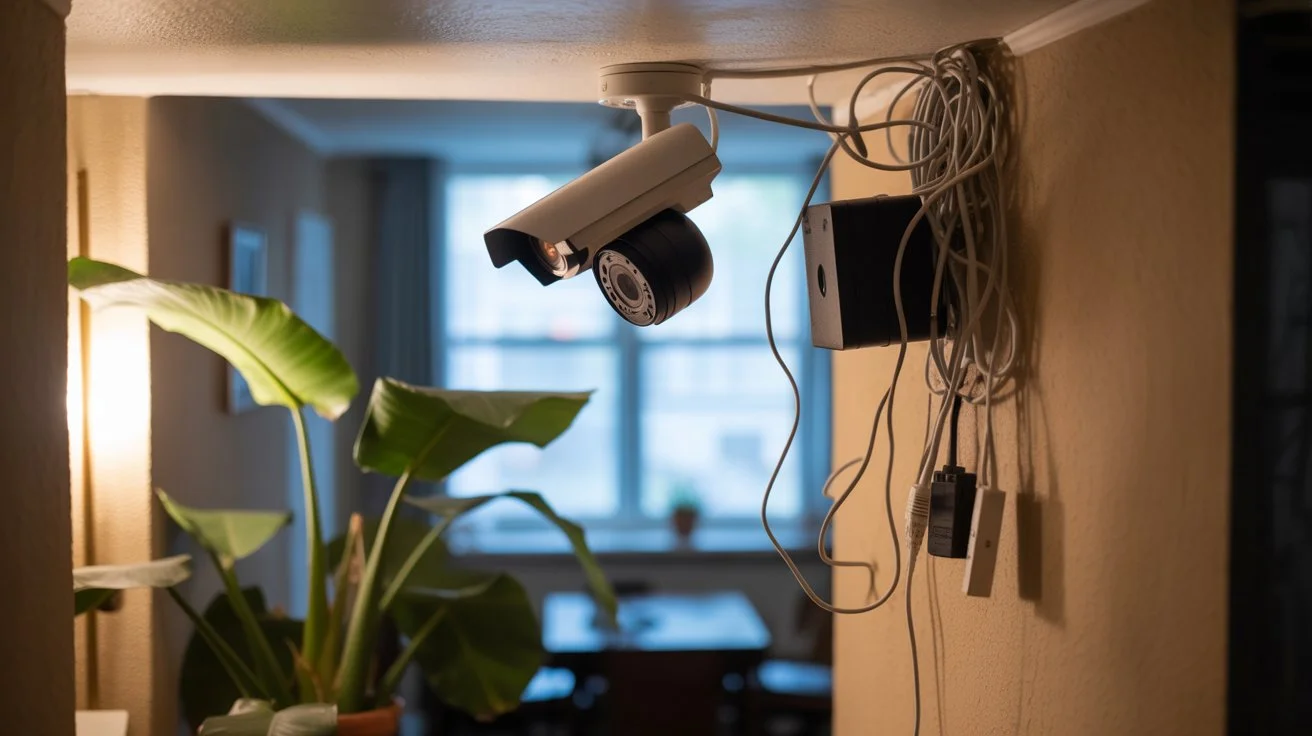 What are common camera installation mistakes shown with exposed messy wiring and poorly mounted indoor security camera setup