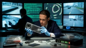 Can police retrieve deleted camera footage — detective in suit and gloves inspecting cracked security camera with multiple forensic screens in background