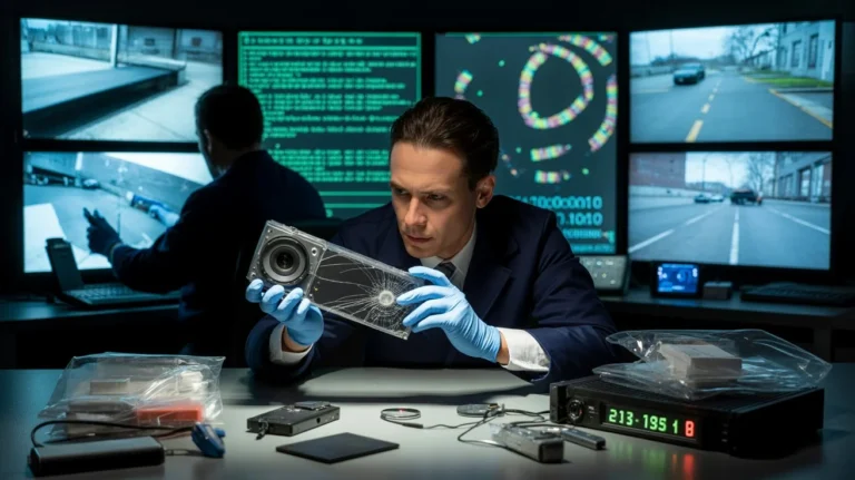 Can police retrieve deleted camera footage — detective in suit and gloves inspecting cracked security camera with multiple forensic screens in background