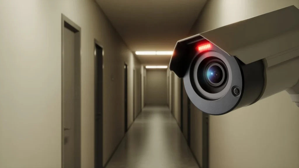 do apartment cameras record all the time — close-up of CCTV camera lens with red infrared lights active in apartment corridor