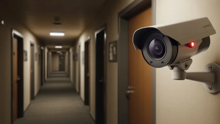Do apartment cameras record all the time — bullet security camera with red LED mounted on apartment hallway wall