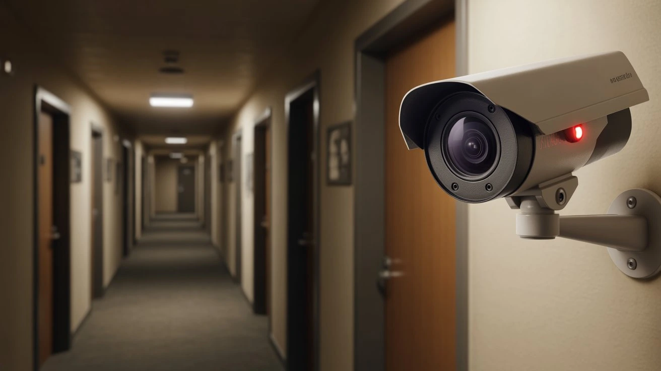 Do apartment cameras record all the time — bullet security camera with red LED mounted on apartment hallway wall