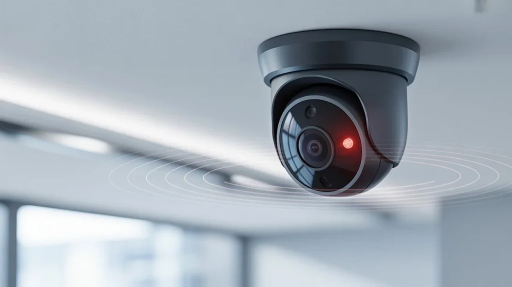 A dark gray commercial dome security camera mounted on a white office ceiling with white sound wave rings and a glowing red LED light indicating active audio and video recording
