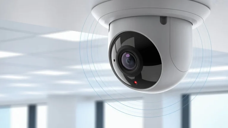 A white commercial dome security camera mounted on an office ceiling with blue sound wave rings radiating outward and a red recording indicator light — showing do commercial cameras have audio