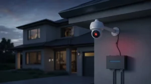 Does CCTV Work When There Is No Electricity – home security CCTV camera with backup power system installed outside a modern house at night