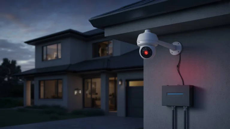 Does CCTV Work When There Is No Electricity – home security CCTV camera with backup power system installed outside a modern house at night