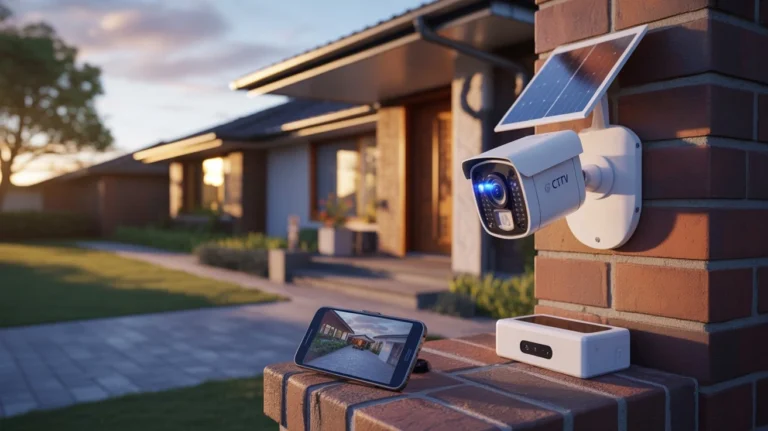 ow Long Does a CCTV Battery Last? solar CCTV camera installed on a modern home