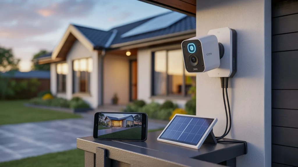 How Long Does a CCTV Battery Last? wireless CCTV camera with solar panel and phone view